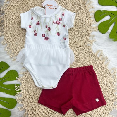 Verão 2027 Conj. Body Floral Coelhinho e Short Vermelho